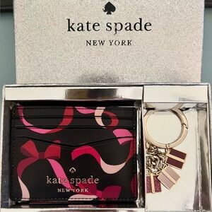 NIB Kate Spade Staci Black and Pink Ribbon Card Holder with Keychain